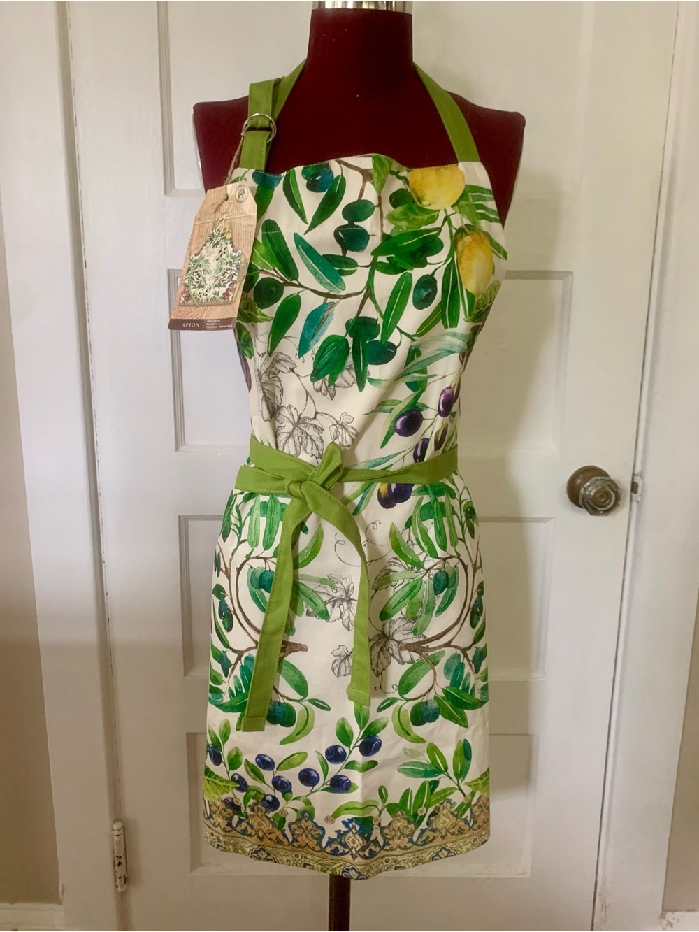 Green Botanical Cottagecore Print Apron Dress with Olive Ties